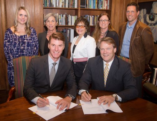 Scott Reed, president and CEO of Music Academy of the West, and Gayle Beebe, Westmont president, flanked by Tiffany DeVries, dean of students, Margaret Cafarelli, Chair, Kandy Luria-Budgor, board member Music Academy, Jonathan E. Steiner CFO/Vice President of Finance