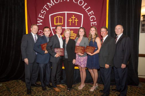 Russell Smelly poses with athletes Albert Gastaldo, Nathan Evans, Alisa Johnson, Melissa McCormick. Also pictured: President Gayle D. Beebe, Gerd and Pete Jordano