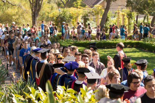 Students take their First Walk, which anticipates their Last Walk at Commencement