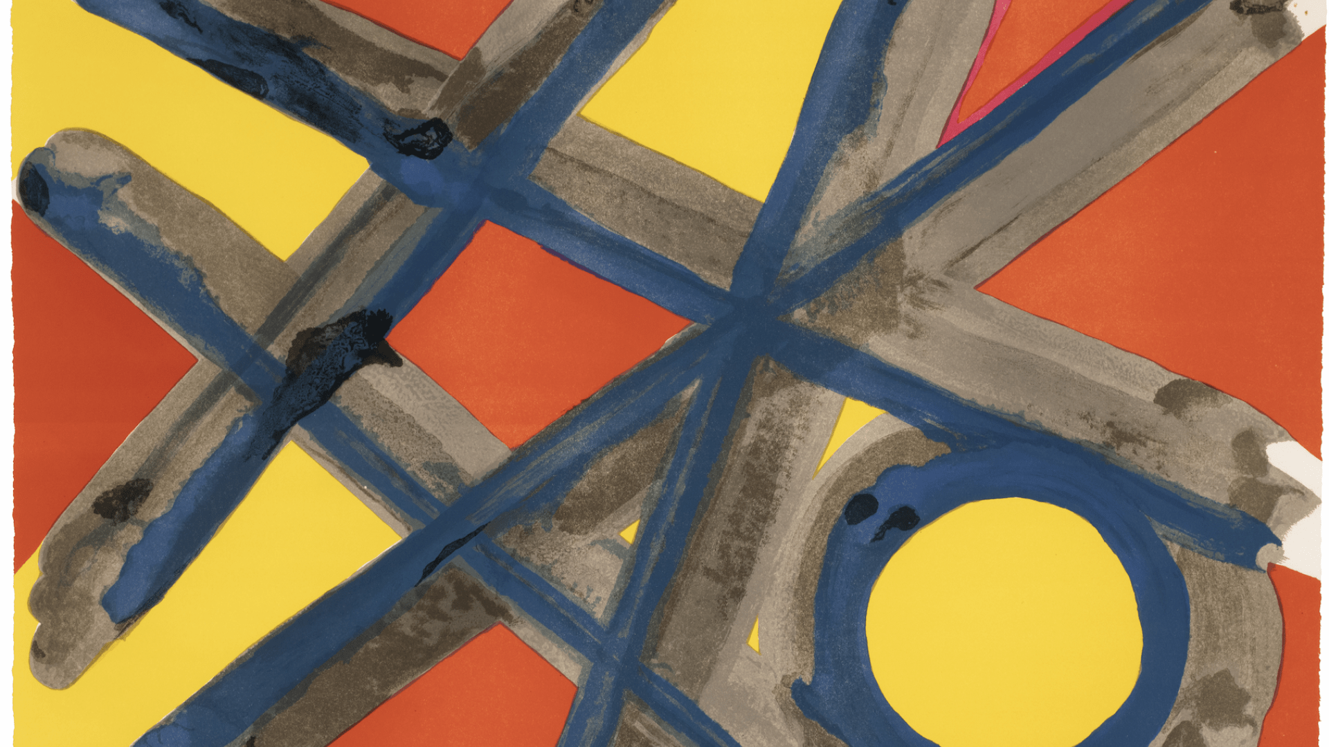 Colorful red, blue, black, and yellow geometrical design.