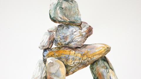 Watercolor painting of rocks stacked atop each other with words.