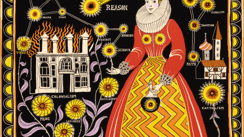 Colorful print with a woman in royal garb surrounded by words and constellations.