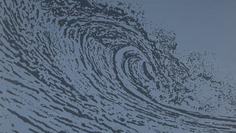 Gray graphic painting of a cresting ocean wave.
