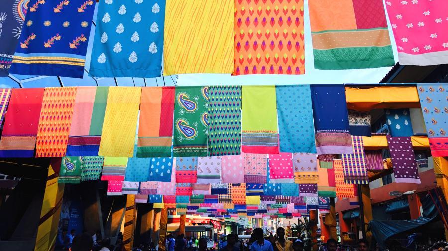 Colorful linens in market in Asia